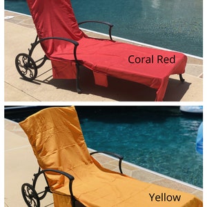 Coral red and sunshine yellow pool chair covers are shown on the same pool lounge chairs.