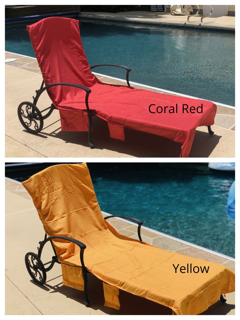 Coral red and sunshine yellow pool chair covers are shown on the same pool lounge chairs.