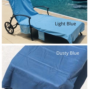 Light Blue and dusty blue pool chair covers are shown on the same pool lounge chairs.