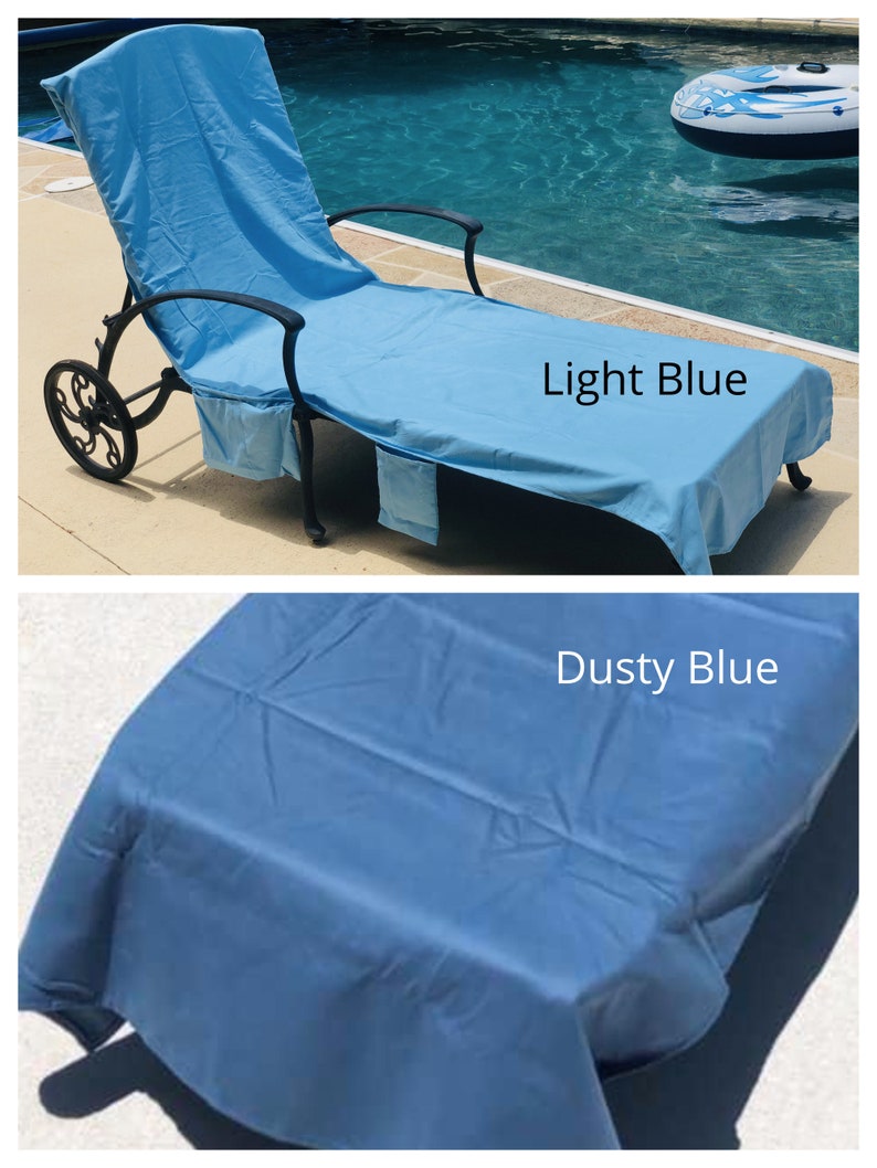 Light Blue and dusty blue pool chair covers are shown on the same pool lounge chairs.