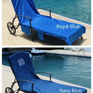 Royal Blue and Navy Blue pool chair covers are shown on the same pool lounge chairs.