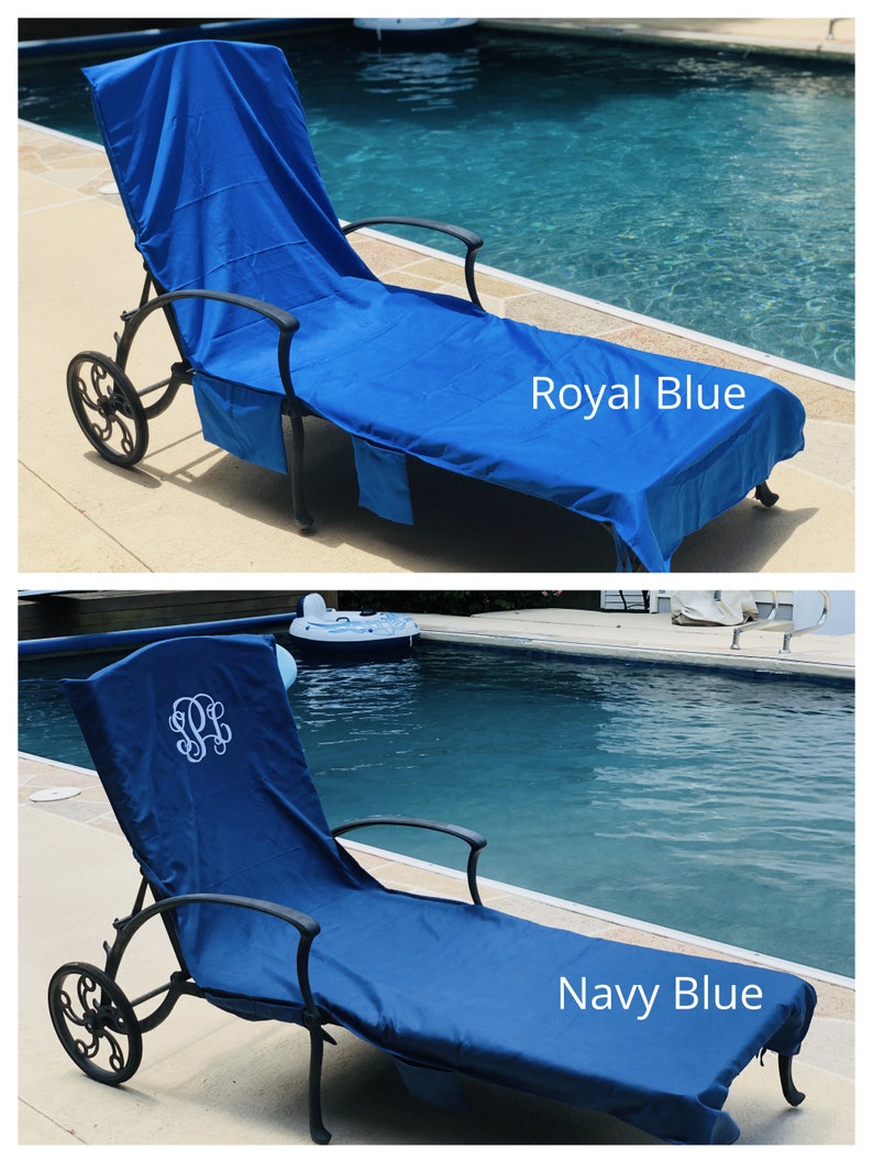 Royal Blue and Navy Blue pool chair covers are shown on the same pool lounge chairs.