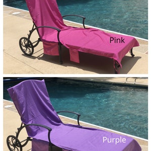 Bright pink and  medium purple pool chair covers are shown on the same pool lounge chairs.