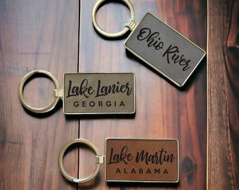 Custom Lake Name Keychain - Leatherette and Metal - Lake Love - Personalized Gifts for Adults - Local Landmark Souvineer -Lake, River, Beach