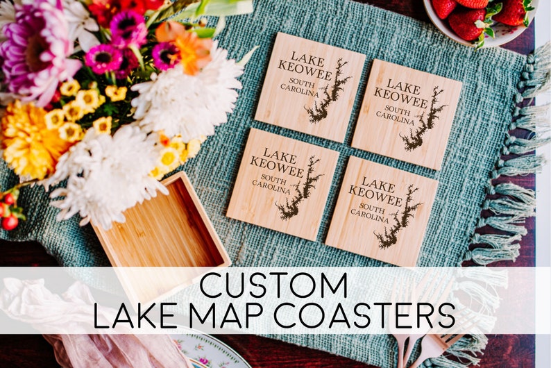 Custom Lake Coasters Personalized Lake Bamboo Coasters Lake Lover Gift Lake Decor Custom River Drink Coasters image 1