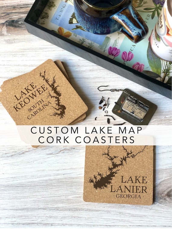 Custom Lake Map Cork Coasters: Personalized Lake Decor