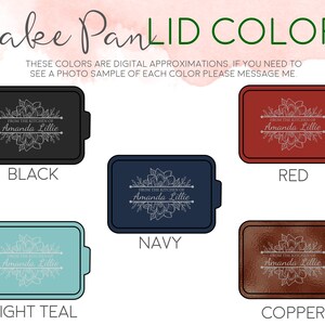A color chart shows that these pans come in your choice of 5 different lids.  Navy blue, red, black, teal, and copper.