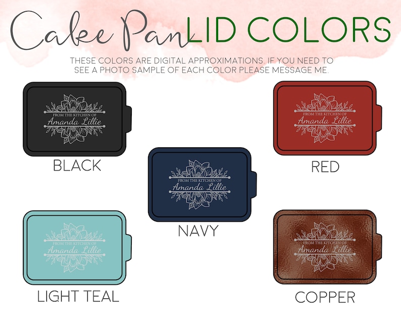 A color chart shows that these pans come in your choice of 5 different lids.  Navy blue, red, black, teal, and copper.