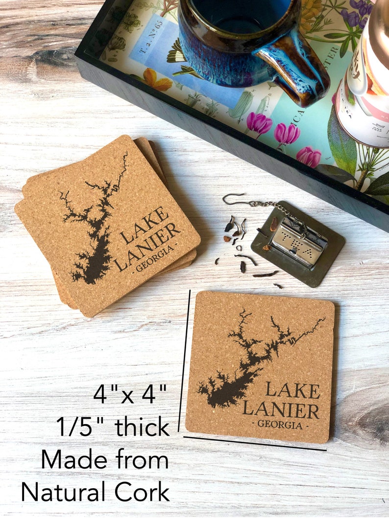 Custom Lake Keowee Coasters Personalized Lake Keowee South Carolina Cork Drink Coasters Lake Keowee Map Lake Lover Gift Lake Decor image 3