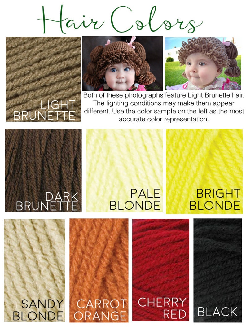 A color chart shows the 8 different hair colors we sell. Light Brunette,  Dark Brunette, Pale Blonde, Bright blonde, Sandy Blonde, Carrot Orange, Cherry Red, Black