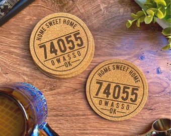 Custom City Name Zip Code Coasters - Personalized Hometown Zip Code Name Cork Coasters - Hometown Gift - US State Decor - Drink Coasters