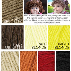 A color chart shows the 8 different hair colors we sell. Light Brunette,  Dark Brunette, Pale Blonde, Bright blonde, Sandy Blonde, Carrot Orange, Cherry Red, Black