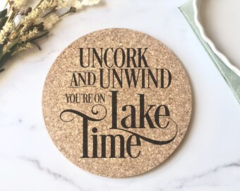 On Lake Time  Kitchen Cork Trivet Hot Pad - Lake Life Lake Decor - Lake Kitchen Decor - Kitchen Gift for Lake Lover