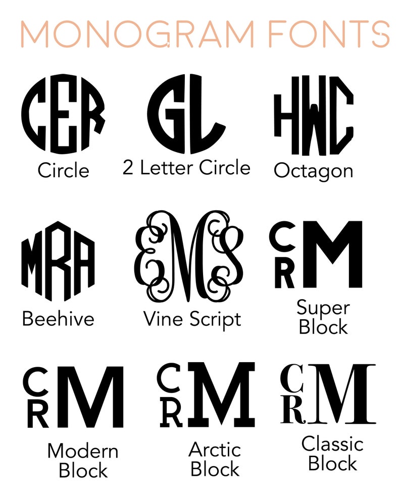 Nine monogram style choices are shown in various shapes and fonts.