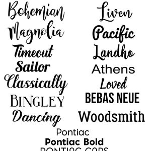 Eighteen different text font choices are shown for use on names or phrases added to pool chair covers.