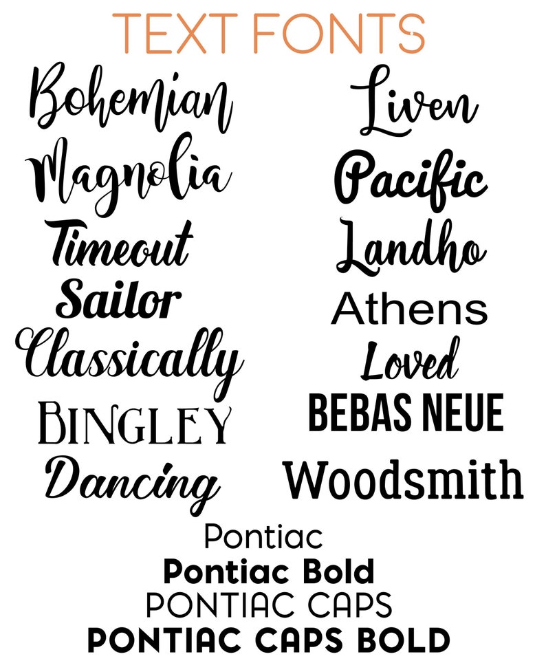 Eighteen different text font choices are shown for use on names or phrases added to pool chair covers.