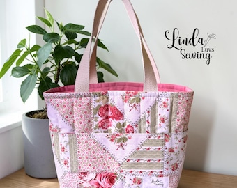 3.Quilted Cotton Tote Bag: Small Rose Patchwork Design, Tea Rose Liner