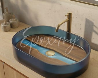 Walnuss Massivholz & Epoxy Flussschiff Waschbecken - Handgefertigtes, modernes Design