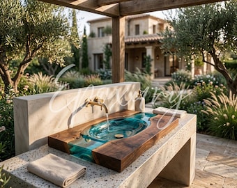 Natürliche Nussbaum & Fluss Epoxy-Aufsatzwaschbecken - Handgefertigtes Luxusdesign