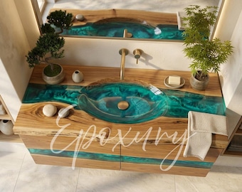 Epoxy Sink Set aus Kastanienholz - Handgefertigte Moderne Badezimmer Eitelkeit aus Holz