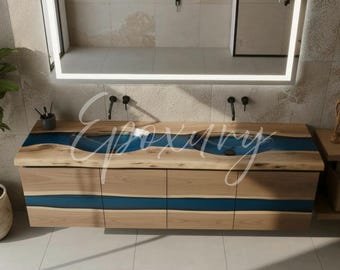 Handgefertigtes Doppelwaschbecken aus Kastanienholz & Epoxy River