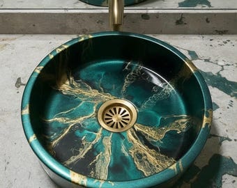 Handgemachtes Epoxy-Waschbecken - Smaragdgrün & Goldader-Detail, modernes Arbeitsplatten-Waschbecken