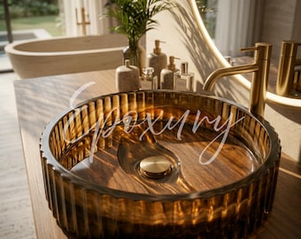Handgefertigtes geriffeltes Luxus Epoxy Spülbecken - Massives Walnussholz & antikes Bronzeharz