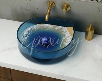 Handgemachtes blaues Epoxidharz-Waschbecken mit Insel-Silhouette