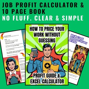Peut inclure: Image avec un texte vert : « CALCULATEUR DE PROFIT D'EMPLOI ET LIVRE DE 10 PAGES » et « SANS FLUFF. CLAIR ET SIMPLE ». Illustration de style bande dessinée d'un homme tenant une calculatrice et un presse-papiers, avec le texte « COMMENT FIXER LE PRIX DE VOTRE TRAVAIL SANS DEVINER ».