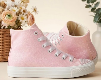 Pink Bridal Sneakers - Glitter Wedding Shoes for Bride with Pearl Embellishments High Tops