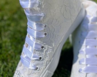 Personalized High Top Bridal Sneakers with Lace Flower Detail