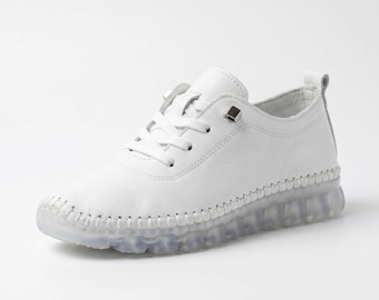 Handmade White Cowhide Leather Women's Sneakers - Odor-Free, Comfortable Shoes