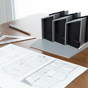 Op de afbeelding: Een modern architectonisch model met een grijze basis en zwart-grijze structuren. Een blauwdruk, pen, potlood en een driehoekige liniaal liggen op een houten tafel, wat duidt op ontwerp en planning.