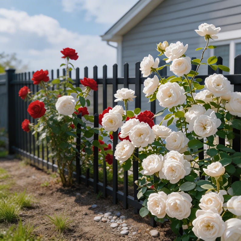 May include: A black metal picket fence serves as a backdrop for vibrant rose bushes. The bushes feature numerous white and red rose blossoms with green leaves, positioned in front of the fence and a house with gray siding under a blue sky.