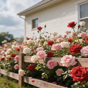 May include: A wooden fence borders a garden filled with blooming roses in shades of deep red, soft pink, and creamy white. The flowers are arranged in clusters on green stems, with a light-colored building visible in the background under a sky.