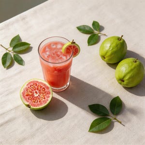 May include: A clear glass filled with pink guava juice and ice cubes, garnished with a slice of pink guava. Beside the glass sits a halved pink guava, two whole green guavas, and several green leaves arranged around the beverage.