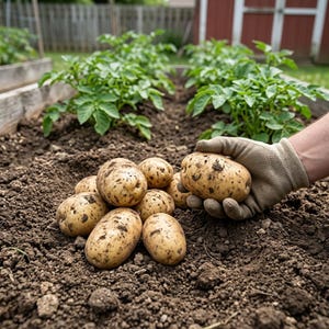 May include: A pile of harvested raw potatoes with light brown skin and dark soil patches, with one potato being held by a gloved hand. The potatoes are oval-shaped and textured, resting on dark garden soil in front of green potato plants.