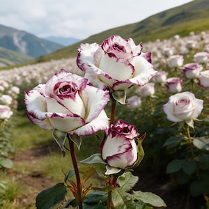 May include: Three roses with white petals and deep purple-maroon edges on the outer tips. The flowers are positioned on green stems with dark green leaves, set against a field of similar roses and rolling hills under a bright sky.