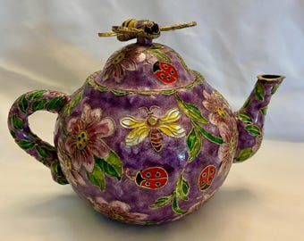 Vintage Cloisonné Enamel Teapot Purple Floral Bumblebee & Ladybug Decorative