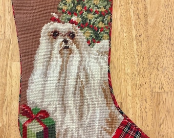 Vintage Maltese Needlepoint Christmas Stocking