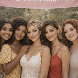 May include: A group of five women smiling, posing for a photo. They are wearing various outfits, including a floral dress, a white lace dress, a red tank top, and a beige top. A banner above them reads "FIND YOUR GLOW UP."