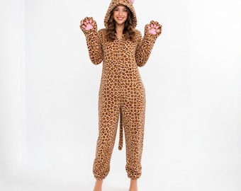 Leopard Onesie Pyjama Kostüm für Frauen | Mit Kapuze Tier Kigurumi mit Ohren, Schwanz & Pfoten Handschuhe