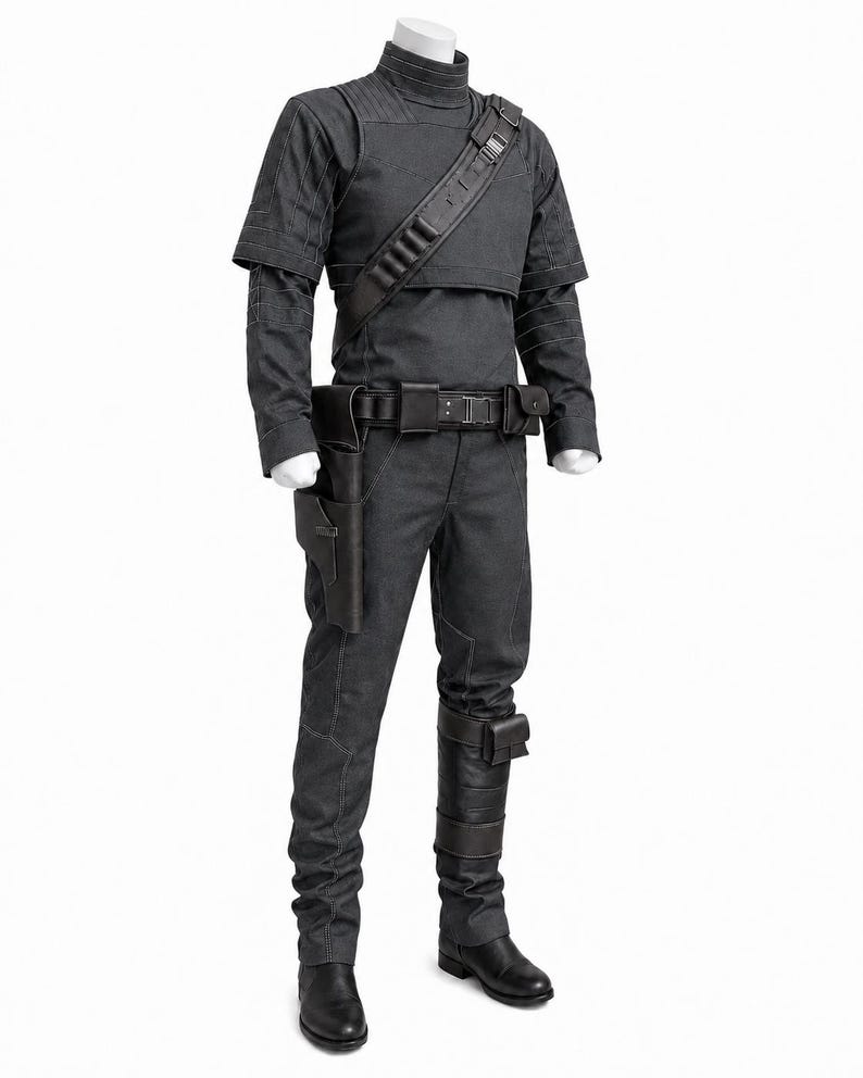 Op de afbeelding: Een donkergrijze tactische outfit bestaande uit een shirt met hoge kraag met korte over lange mouwen, een bijpassende broek en een utility-riem met holster. Een diagonale borstriem met ge&iuml;ntegreerde zakken en zwarte laarzen maken het geheel af.