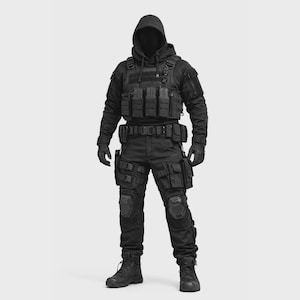 Traje de combate tático preto | Roupa militar para cosplay | Conjunto com colete e capuz