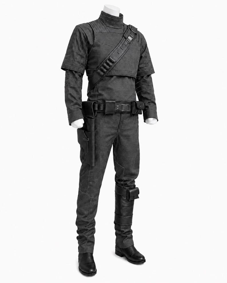 Op de afbeelding: Een donkergrijze tactische jumpsuit met een hoge kraag, een overlay met korte mouwen en lange mouwen. De outfit bevat een zwarte gereedschapsriem met holster, een diagonale borstriem met munitielussen en zwarte laarzen met een beenzak.