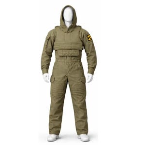 May include: A tan hooded jumpsuit featuring a quilted chest panel and reinforced knee patches. The garment includes cargo-style pockets on the thighs and a black and yellow radiation hazard symbol patch on the left shoulder sleeve area.