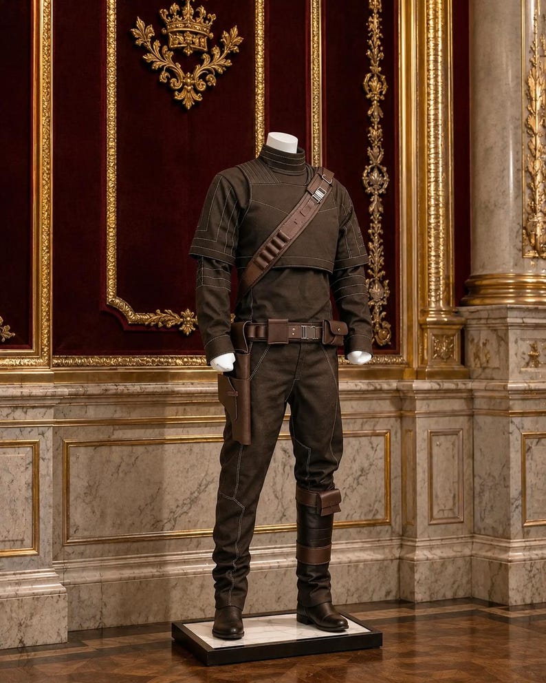 Op de afbeelding: Een donkerbruine set bestaande uit een shirt met lange mouwen en een bijpassende broek met lichtgekleurde contraststiksels. De outfit bevat een bruine utility-riem met een holster, een diagonale schouderband met munitiegleuven en een laars.