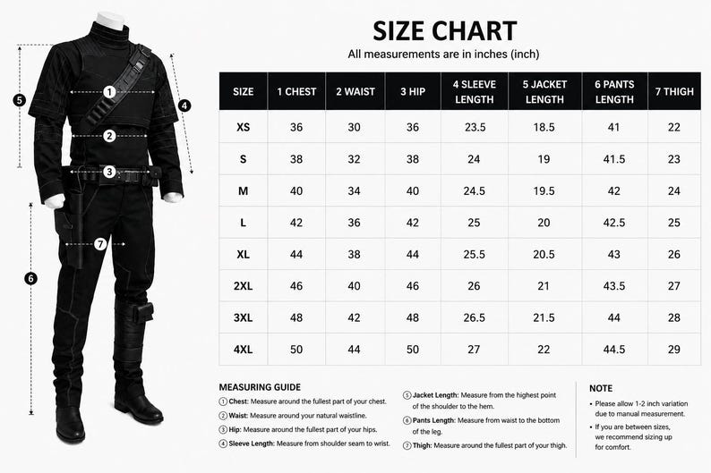 Op de afbeelding: Een zwart tactisch outfit op een etalagepop naast een maattabel met afmetingen in inches. De tabel bevat maten van XS tot 4XL met kolommen voor borst, taille, heup, mouwlengte, jaslengte, broeklengte en dijbeenafmetingen in de tabel.