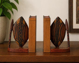 Vintage Hand Carved Kenyan Wood Bookends, Akamba Tribal Shield Decor, African Art