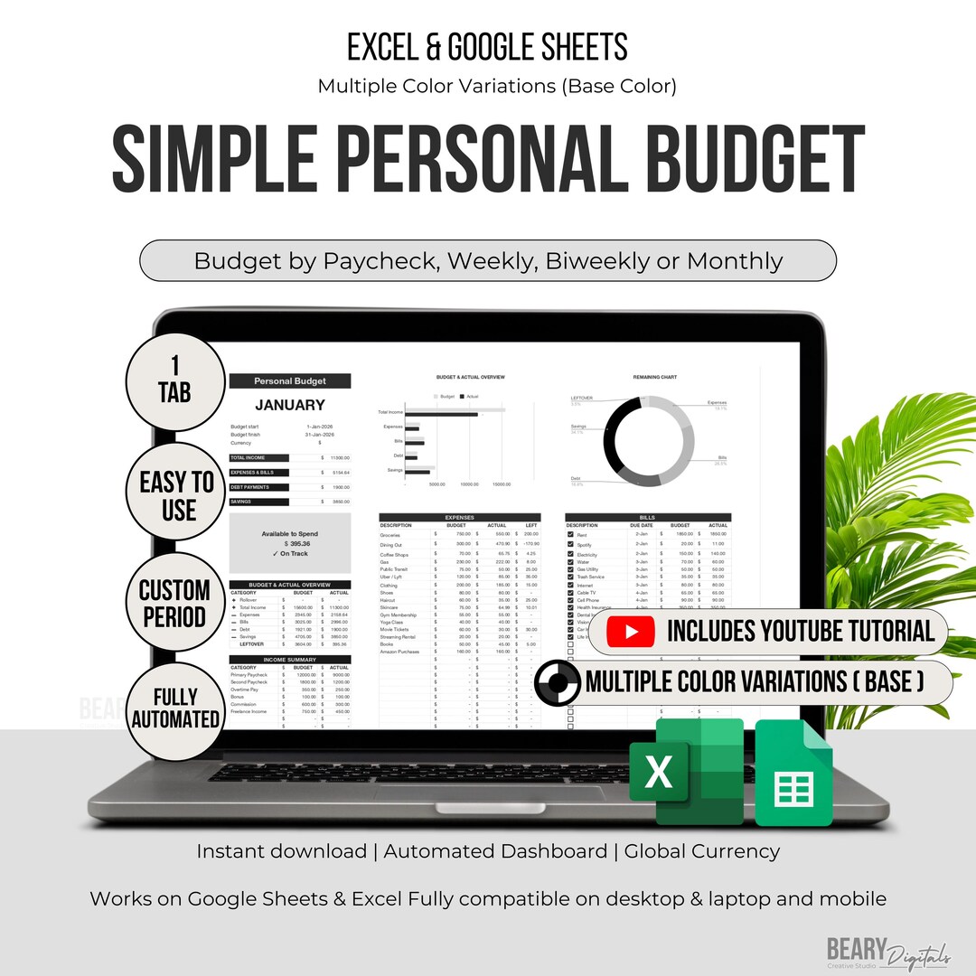 Personal Budget Spreadsheet Google Sheets Excel, Expense Tracker ...